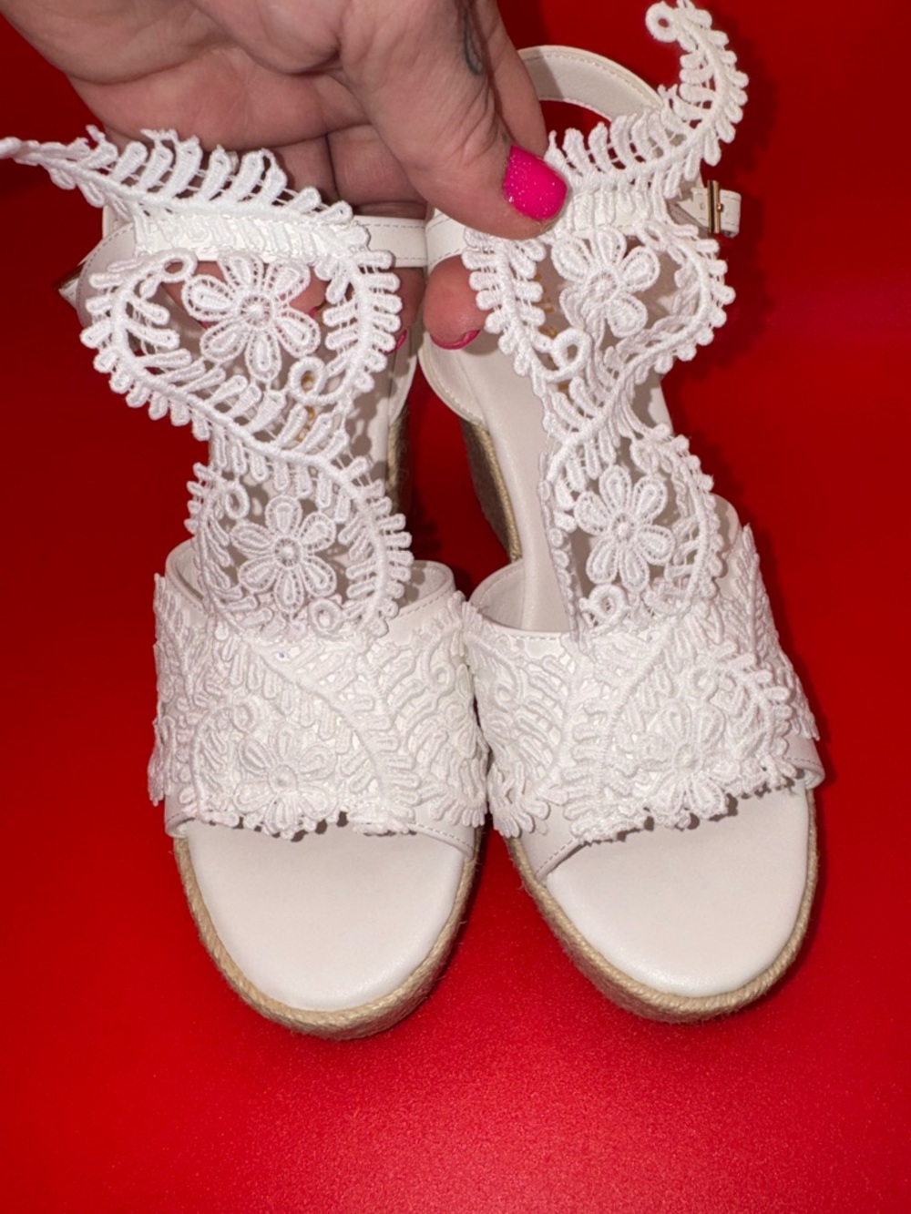 White Lace Espadrille Wedge Sandals 6.5 🤍 Elegant Ankle Wrap Floral Summer Heels